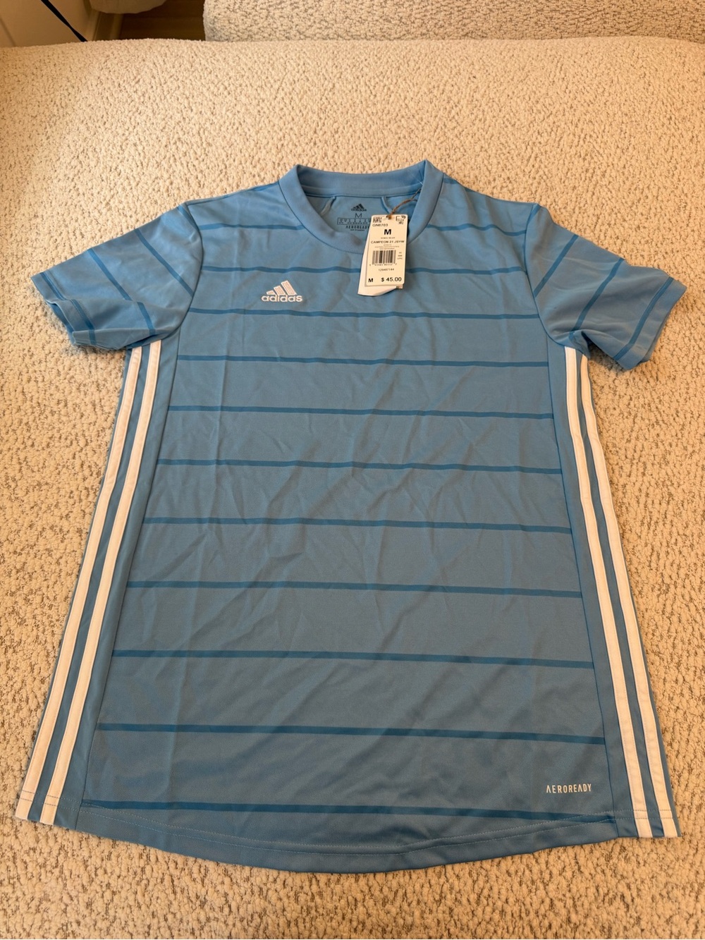 Adidas Light Blue Striped AEROREADY Woman’s Short Sleeve Jersey
